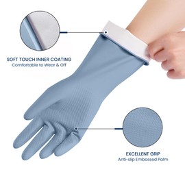 Rubber Cleaning Gloves for Dishwashing, 4 Pairs Reusable Kitchen Gloves for Washing Dishes and Household Cleaning, Blue Dish Gloves with Flocked Lining and Non-Slip Grip, Pefect for Woman Men - M