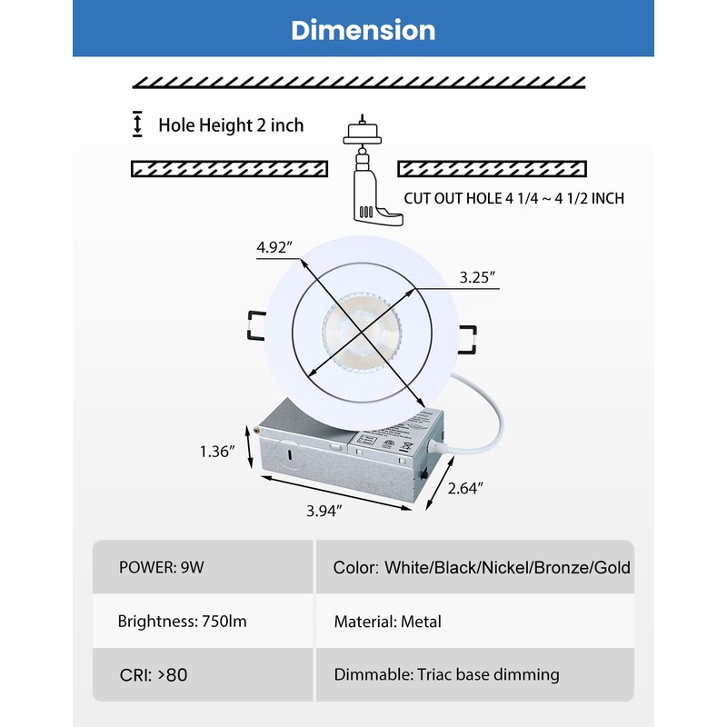 POPANU Recessed Lighting 4 inch Gimbal 9W 5CCT Swivel Ceiling