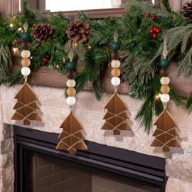 Civaner 6 Pcs Neutral Christmas Tree Hanging Ornament Rustic Wooden Christmas Tree Bead Garland for Xmas New Years Holiday Farmhouse Gift Decor