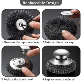 Steel Wool Scrubber, Stainless Steel Scourers with Handle, Stainless Steel Scrubber Dish Brush, Detachable Heavy Duty Dish Brush Pot Scrubber, for Cleaning Kitchen Pots Pans Grills Sink