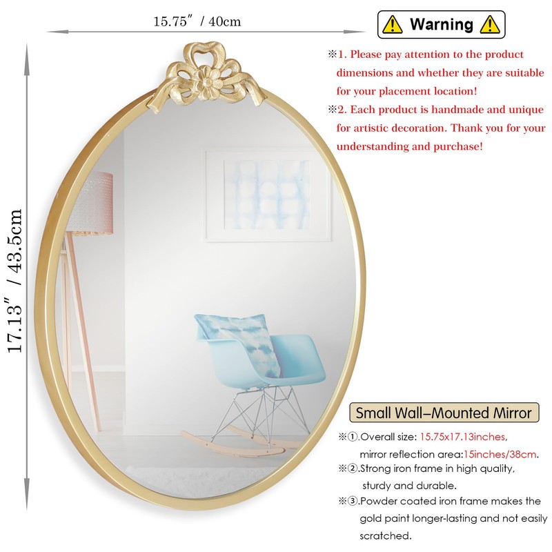 BITALYE 15.75" Small Bow Decorative Round Mirror,Gold Metal Frame Circle