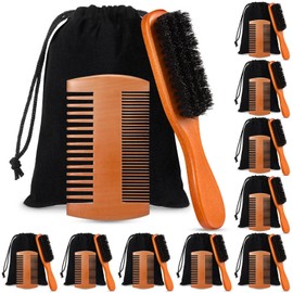 10 Sets Natural Boar Bristle Brush, Pear Wood Dual Sided Wide Tooth Comb with Travel Pouch - Beard Grooming Kit for Men's Beard Care, Valentine Gift (Long Handle)