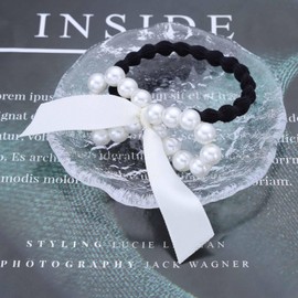 Vintage Pearl Bow Hair Tie Scrunchies Pearl Bow Ponytail Holder Hair Rope Black Satin Bow Hair Rope Tie Hair Bow Pearl Hair Rope Hand Black Ponytail Scrunchies Headdress Hair Jewelry for Women (White)