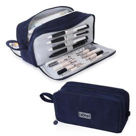 iSuperb Big Capacity Corduroy Pencil Case 3 Compartments Pen Pouch Simple Organizer Bag Large Capacity Pencil Box for Adults (Navy Blue)