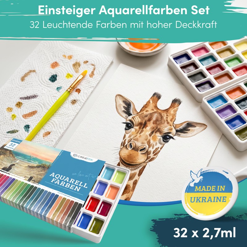 CreaTek Watercolour Paint Set 32 Highly Pigmented Watercolours Including Watercolour