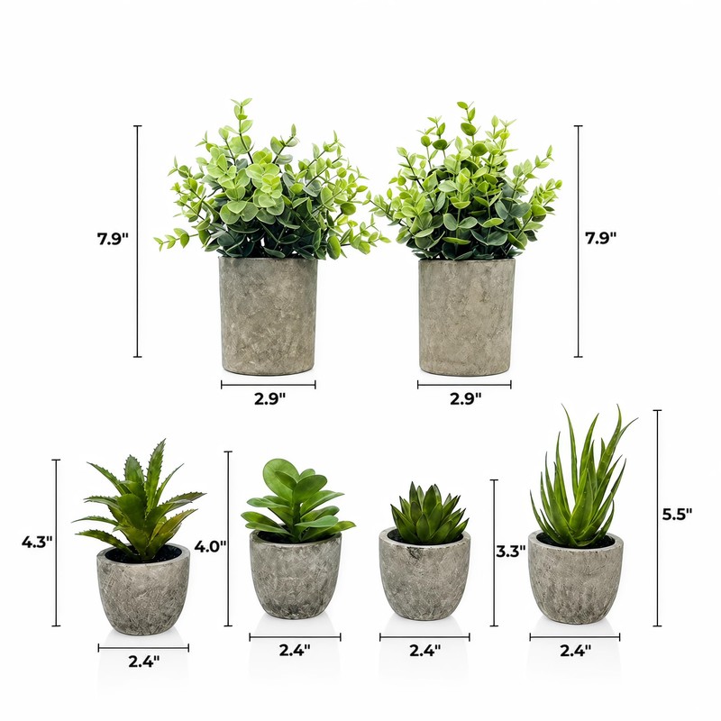 6 Pack Fake Plants Succulents Eucalyptus Small Cement Pots Indoor