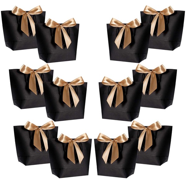 WantGor Gift Bags with Handles 10x7.5x3inch Paper Party Favor Bag Bulk with Bow Ribbon for Birthday Wedding/Bridesmaid Celebration Present Classrooms Holiday(Matte Black, Medium- 12 Pack)