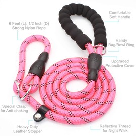 BAAPET 6 Feet Slip Lead Dog Leash Anti-Choking with Upgraded Durable Rope Cover and Comfortable Padded Handle for Large, Medium, Small Dogs Trainning with Poop Bags and Dispenser (Pink)