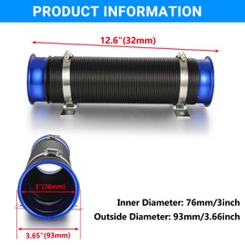 Twilight Garage 3 inch (76mm) Universal Flexible Air Intake Pipe Inlet Hose Extendable Auto Vehicle Turbo Intake Inlet Duct Cold Air Feed Ducting Pipe Tube Hose