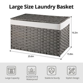 OIAHOMY Storage Basket with Lid, 27.7 Gallon (105L) Blanket Basket with Removable Liner Bag, Synthetic Wicker Basket with Handle, Foldable, Large Handwoven Basket for Bedroom, Living Room, Grey