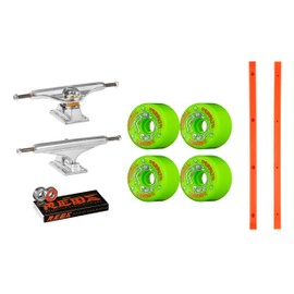 INDEPENDENT 169 Skateboard Trucks, Powell G-Bones Green Wheels, Neon Orange Rails, Reds