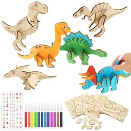 6 Pieces Dinosaur Wooden Craft Set, Dragon Birthday Craft Set with 12 Pieces Colouring Pencils and Crystal Diamond Stickers, 3D Puzzle Dinosaur Craft Set, Dino Wooden Craft Children for Children's