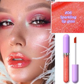 Hxssll Liquid Pearlescent Lip Stain with Fine Glitter, High Shine Liquid Lip Gloss Set, Non-Sticky Long-Lasting Lipstick Moisturizing Lip Oil 06#(Orange Red)