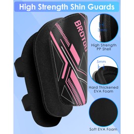 Junior Shin Pads, BROTOU Youth Football Shin Guards, Breathable Non Slip Extended Adjustable Straps Lightweight High Strength Leg Calf Protective Gear for Boys Girls Teens (Black-Pink, L)