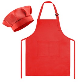 Morcheiong Kids Chef Hat and Apron Set, Adjustable Red Children's Painting Apron and Chef Hat with 2 Large Pocket for Kids Cooking Painting Baking Activity