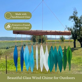 Blue Handworks Gradient Ocean Waterfall & Driftwood Chime, Sandblasted Glass and Found Wood Handcrafted Wind Chime