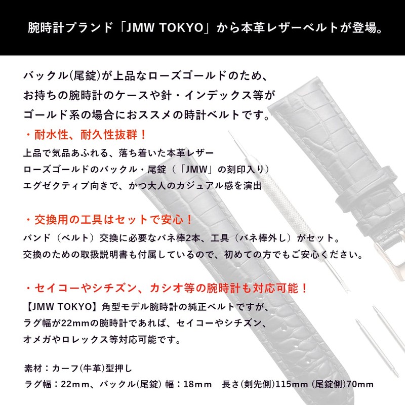 JMW TOKYO Watch Belt, Lug Width 0.9 inches (22 mm),