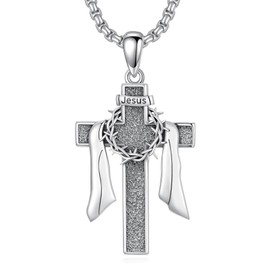 LEECCI Cross of Thorns Necklace 925 Sterling Silver Jesus Pendant Religious Cross Jewelry Gift for Men Father