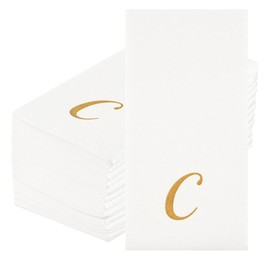Luxenap 15.8 X 7.9 Inch Linen-Feel Guest Towels, 50 Lettered Hand Towels - Gold Letter 'C', Cursive Font, White Paper Dinner Napkins, airlaid, For Restrooms And Tables - Restaurantware
