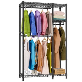 M MZG Heavy Duty Rolling Garment Rack 3 Tiers Adjustable Wire Shelving Clothes Rack with 1 Rods and Side Hooks,Storage Closet Clothing Rack Black 15.7" D x 43.3" W x 76.5" H