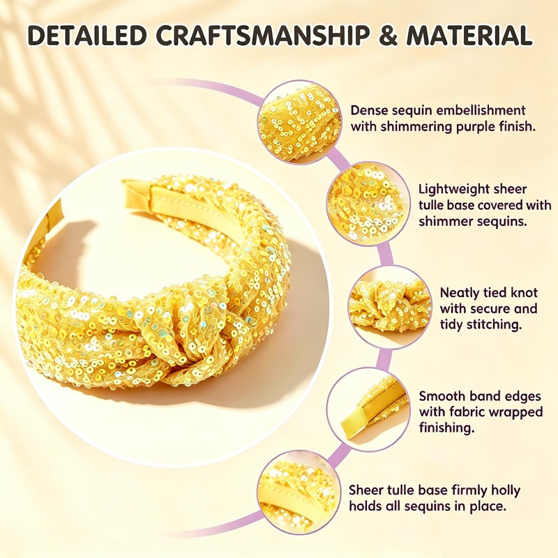 Yellow Glitter Knotted Headband,Women Fashion Sequin Wide Hair Band