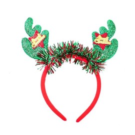 Dzrige Merry Christmas Headband with Red Green Tinsel,Glitter Christmas Reindeer Antler Headband Funny Xmas Headwear for Christmas Eve Party Birthday Carnival Party Props Decoration