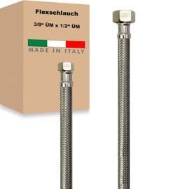 Flexible Hose Nut x Nut Stainless Steel Reinforced Hose Connection Hose Sanitary Tap Hose Domestic Waterworks Made in Italy (3/8 Inch x 1/2 Inch - 1500 mm)