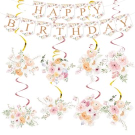 Flower Birthday Decorations Set, Wildflower Happy Birthday Banner Garland Hanging Swirls Supplies, Floral Party Decor for Women Girls.