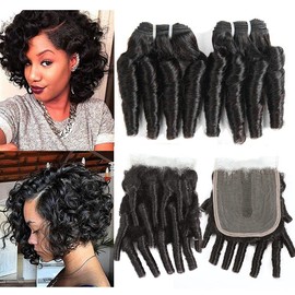 Molefi Brazilian Funmi Hair Curly Weave 3 Bundles with Lace Closure 2x4 T Burmese Curly Bundles Human Hair with Closure 100% Human Hair Extensions 100g/pc Natural Black (10 12 14+10)