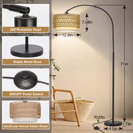 Rattan Floor Lamp, Arc Floor Lamps for Living Room, Farmhouse Standing Lamp with Adjustable Hanging Fabric Shade, Tall Pole Lamp with Foot Switch, Over Couch Arched Reading Light for Bedroom, Office