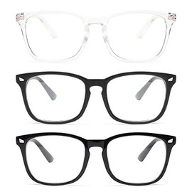 Gaoye 3-Pack Blue Light Blocking Glasses, Fashion Square Fake Nerd Eyeglasses Frame Anti UV Ray Filter Computer Gaming Glasses Women/Men (Light Black+Matte Black+Transparent)