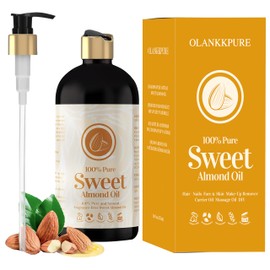 OLANKKPURE Sweet Almond Oil 16 oz - 100% Pure and Natural Sweet Almond Oil for Skin, Body, Face and Hair - Natural Cold Pressed, Unrefined - Organic Massage Oil for Massage