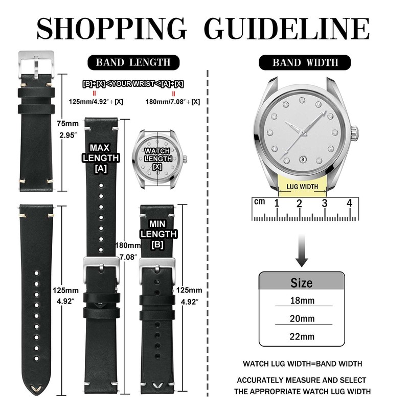 Anbeer Watch Band, Military Style Top Grain Leather, Quick Release