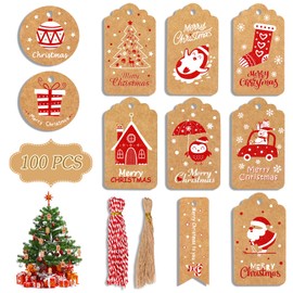 yeestone Christmas, Pack of 100 yeestone Kraft Paper Christmas Tags, Environmentally Friendly Pendant Labels with Jute String and Red and White Twine for Gifts (in 10 Styles)