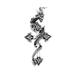 Dragon Pendant, Gothic Cross Dragon Necklace for Men, Norse Viking Dragon Animal Charm Necklace Dragon Jewelry, Hip Hop Punk Dragon Cross Sword Pendant Necklace (Silver)