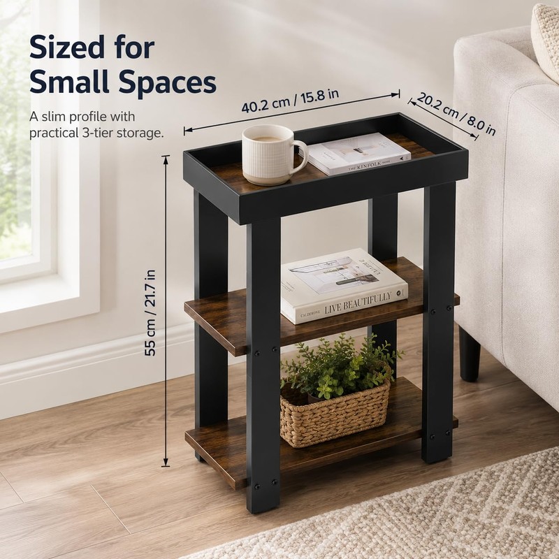 ZEXVIDA Narrow Side Table, 3-Tier Side Table, Rustic Farmhouse Narrow