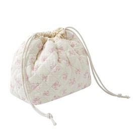 Cotton Quilted Drawstring Makeup Bag with Canvas Lining,Coquette Aesthetic Cute Travel Toiletry Bag,Drawstring Gift Bag for Women and Girls（12White Small Bow）