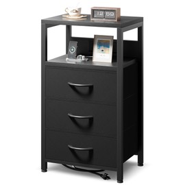NightStand Bedside Charging Table Bedroom - Night Stand with Charger Station, Black Modern Bed Side End Table with Open Shelf & 3 Fabric Drawers, USB-C USB Ports & AC Outlets for Dorm, Living Room