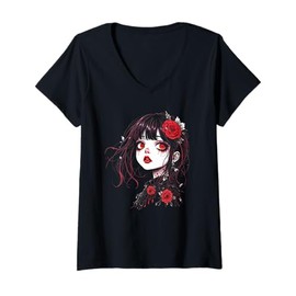 Womens Horror Anime Manga Tee I Gothic Outfit I Japanese Chibi Girl V-Neck T-Shirt