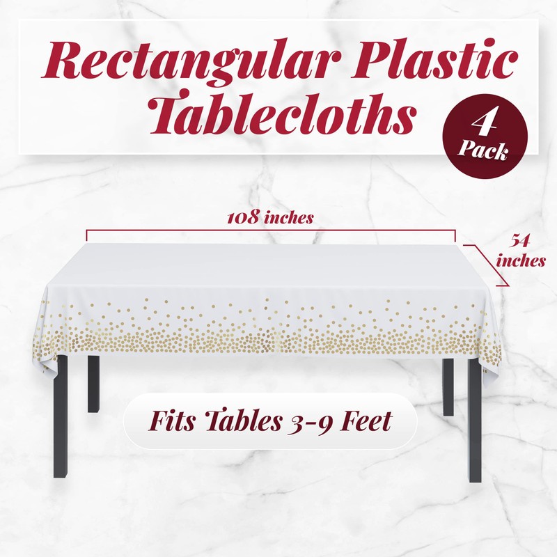 4 Pack Disposable Plastic Tablecloth, Gold Stamping Dot Rectangular Table