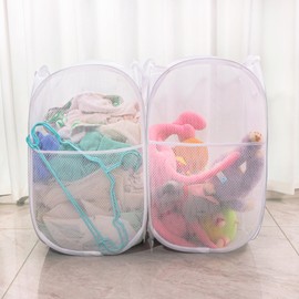Collapsible Mesh Laundry Basket，Pop Up Laundry Hamper-Easy Storage, Ideal for Home and Travel Use (2 white)