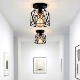 Vintage Geometric Wire Cage Flush Mount Light Fixture, Black Industrial 1-Light Ceiling Lamp for Bedroom PorchColor: Black, Lamp Power(W): 60, Number of Lights: 1 Bulb, Support Dimmer: No