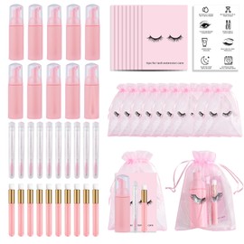 50PCS Lash Shampoo Bottles Brushes Set, Empty Lash Shampoo Bottle, Cleaning Brush, Eyelash Extension Tube Brush, Instructions Cards, Aftercare Bags for Business Clients (Pink)