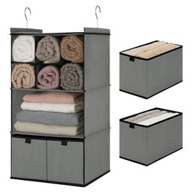 GRANNY SAYS Hanging Closet Organizer with Drawers, 4 Shelf Dividers Closet Hanging Organizer, Foldable Hanging Shelves for Wardrobe Closet, Small Closet Organizers for Clothes Shoes, Grey
