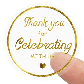 Anwyll 500Pcs Thank You Stickers - 1.5Inch Gold Foil Thank You Stickers Thank You for Celebrating with Us Sticker Roll Self Adhesive Clear Wedding Thank You Favor Label Sticker for Envelope Seal Card