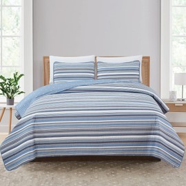 Market & Place 2 Piece Reversible Quilt Set with Sham | All-Season Soft & Lightweight Bedspread with Modern Striped Pattern | Elise Collection (Twin, Blue/Grey)
