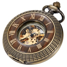 Tiong Vintage Mechanical Pocket Watch Wood Grain Hollow Design Men's Steampunk Roman Numerals Pocket Watch with Chain &Box