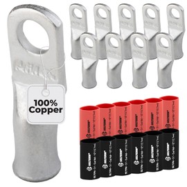 SELTERM 10pcs - 6 Awg - 1/4" Stud - Battery Lugs - Ring Terminal Connectors | with 12pcs 3:1 Black & Red Heat Shrink Tubing with Adhesive | Heavy Duty Battery Cable Ends - Tinned Copper Wire Lugs Kit