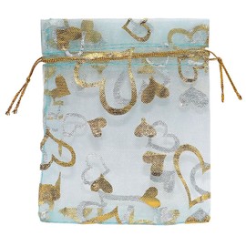 SUNGULF 100PCS Drawstring Organza Bag, 4x4.72 Inch Love Heart Butterfly Candy Mesh Jewelry Pouches Gift Bags for Wedding Favor Christmas (Blue Heart)