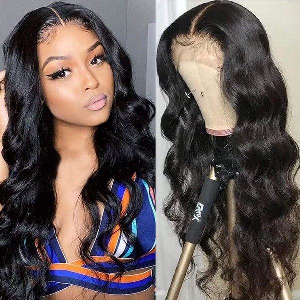 TQPQHQT Black Real Hair Wig, 4x4 Lace Front Wig, Brazilian Virgin Hair Wig, Body Wave Lace Closure Wig with Natural Hairline Glueless Wig, Natural Black Colour, 26 Inches (66 cm)